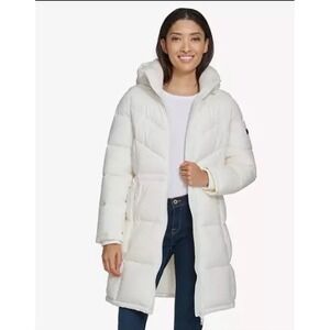 DKNY Women's Chevron Walker Pearl Long Puffer 2XL Zip Up Long Sleeve Coat Jacket